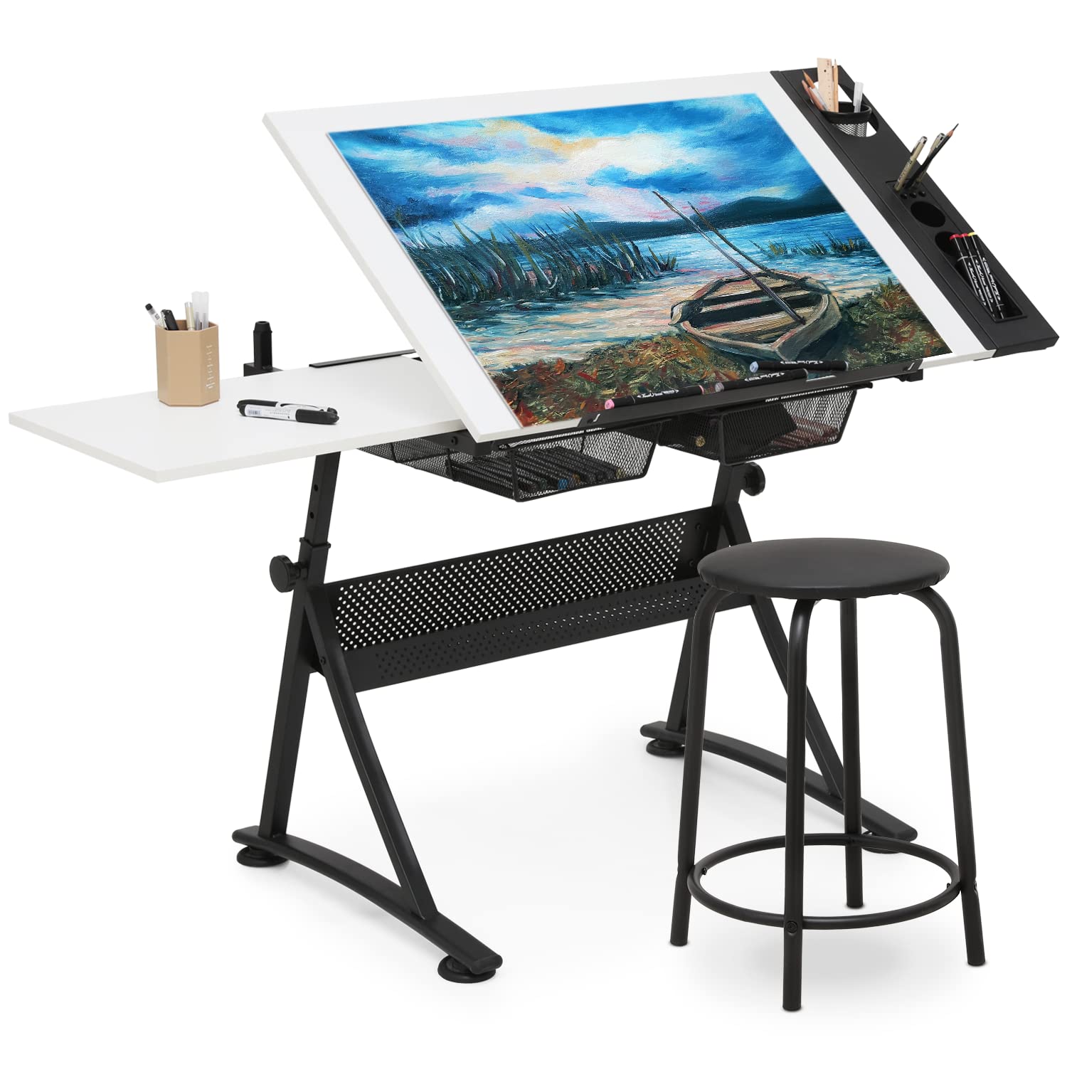 MoNiBloom Art Deco Drafting Table, Height-Adjustable, Tiltable Tabletop, Stool for Reading Writing Painting, Homeschooling Desk for Children with 2 MoNiBloom