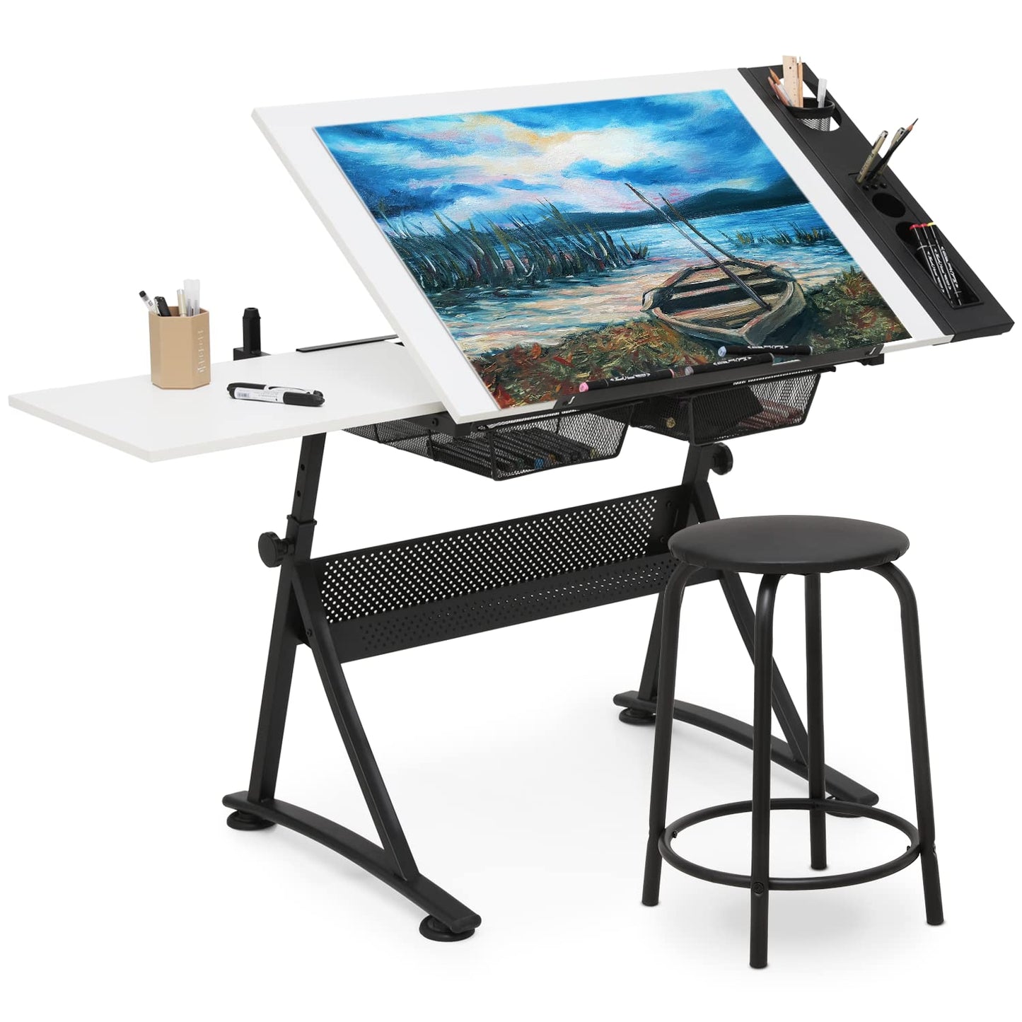 MoNiBloom Art Deco Drafting Table, Height-Adjustable, Tiltable Tabletop, Stool for Reading Writing Painting, Homeschooling Desk for Children with 2 - WoodArtSupply