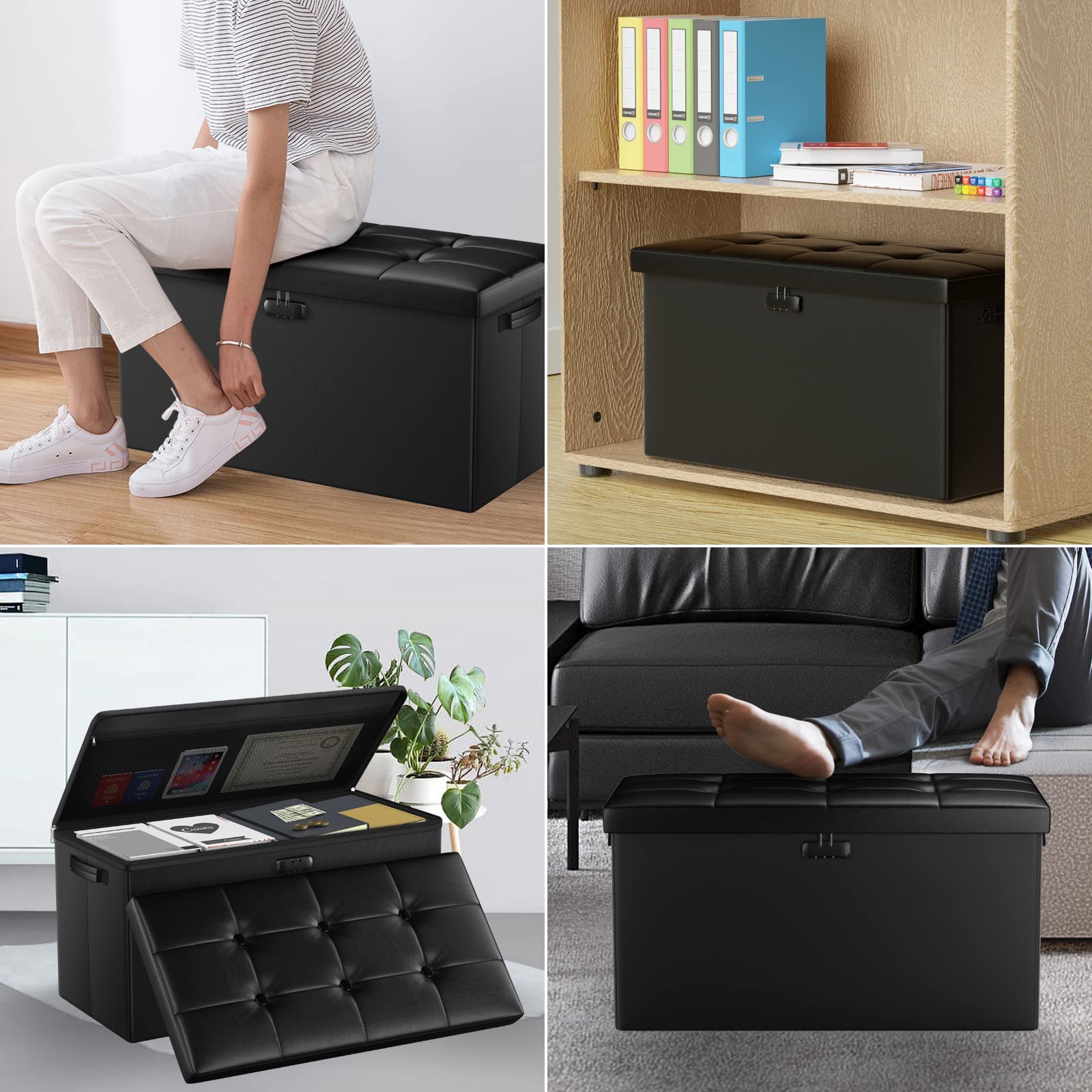 ENGPOW Storage Ottoman Bench,Fireproof Folding Storage Bench with Lock,30 Inches Fire＆Water Resistant Storage Chest Foot Rest Stool Leather Bedroom - WoodArtSupply