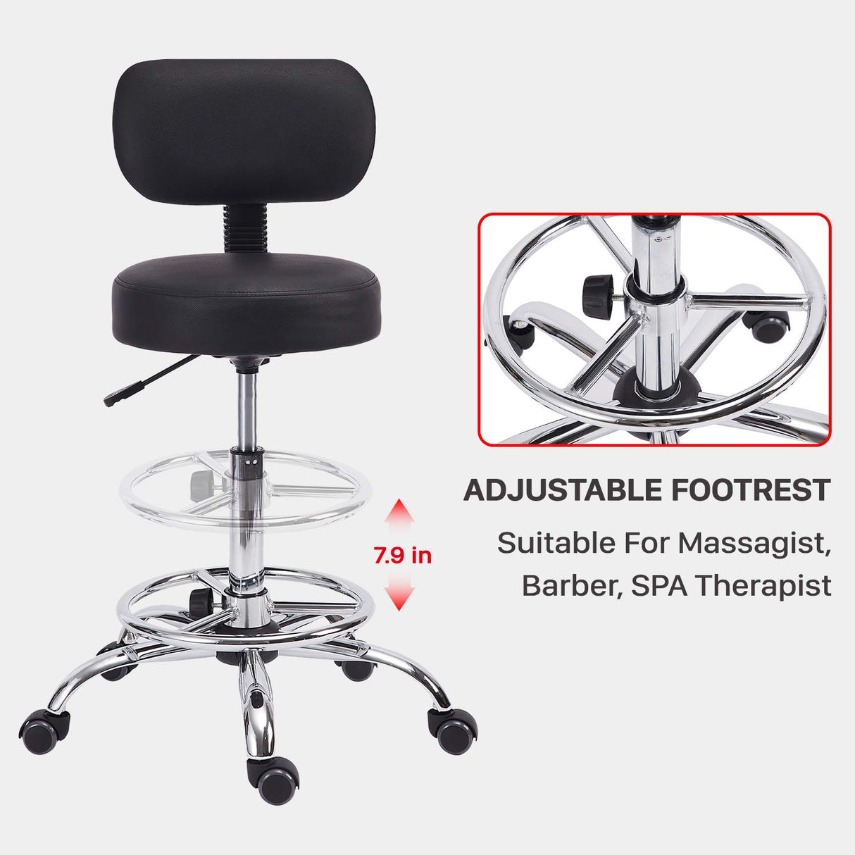 KLASIKA Drafting Swivel Chair with Back Support and Adjustable Footrest Rolling Stool, Multi-Purpose Office Desk Chair for Bar Kitchen Shop, Black KLASIKA
