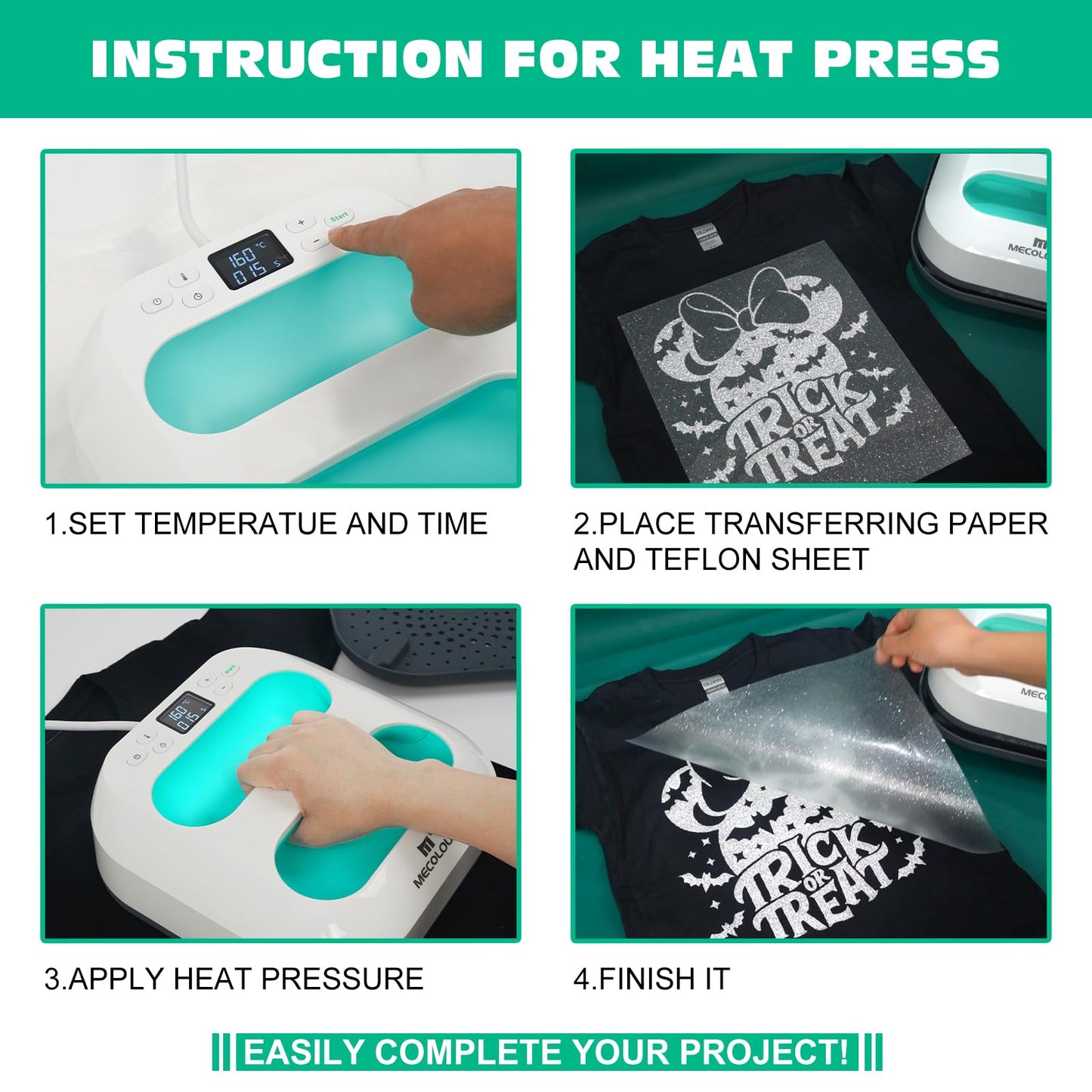 MECOLOUR Heat Press Machine for T Shirts, Portable Heat Press 9"X9" With Heat Press Mat, PTFE Teflon and 8 Pcs Tshirt Ruler Guide, Tshirt Press - WoodArtSupply