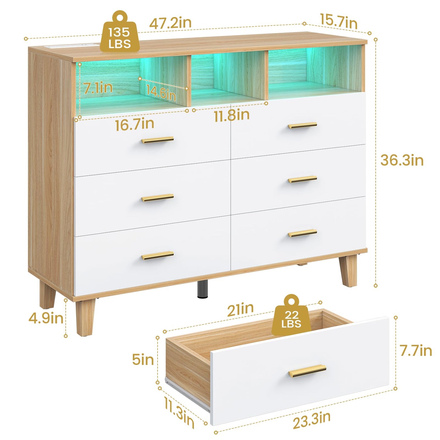 knoworld Dresser for Bedroom,White 6 Drawer Dresser with LED Light and Power Outlet,Tall Wide Dressers Chests of Drawers,Organizer Storage Drawers knoworld