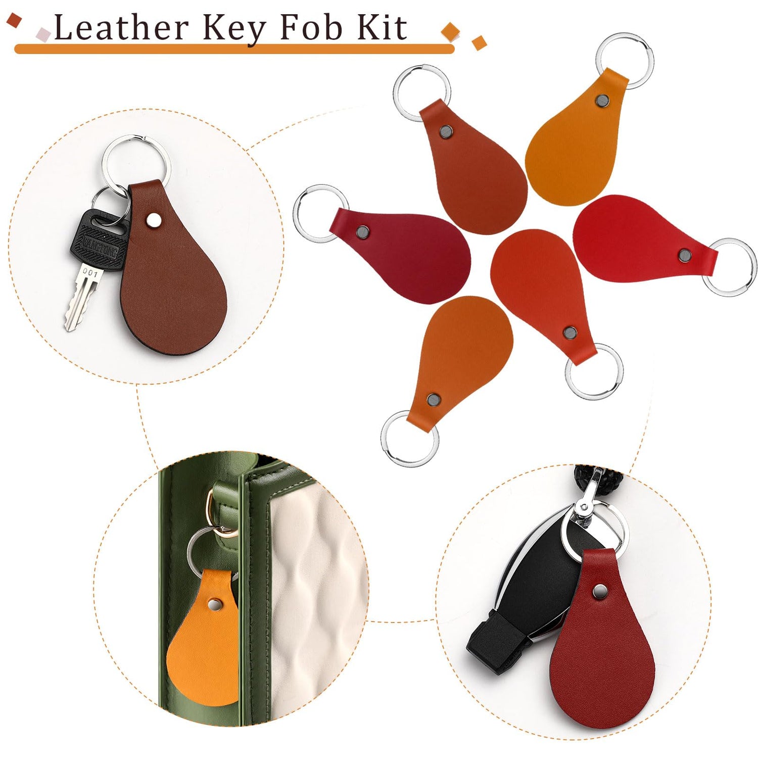 Nosiny 100 Pcs Pu Leather Key Fob Kit 10 Colors Leather Keychain Blanks with Key Rings and Rivets Key Chains Bulk for DIY (Bright Color) Nosiny