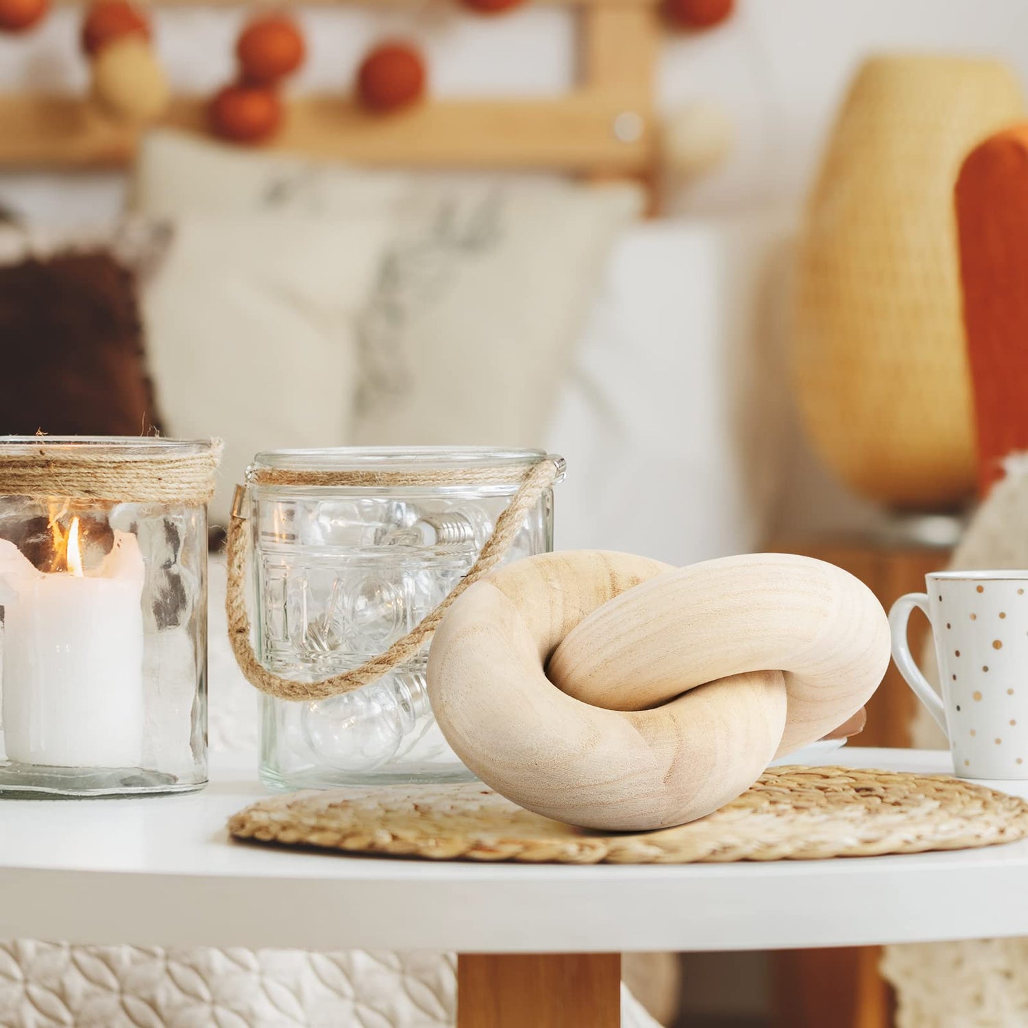 POPRHINO Wood Chain Decor, 2-Link Decorative Chain Hand Carved Boho Wood Knot Decor for Bookshelf Desk Living Room Coffee Table Farmhouse Wood Decor POPRHINO