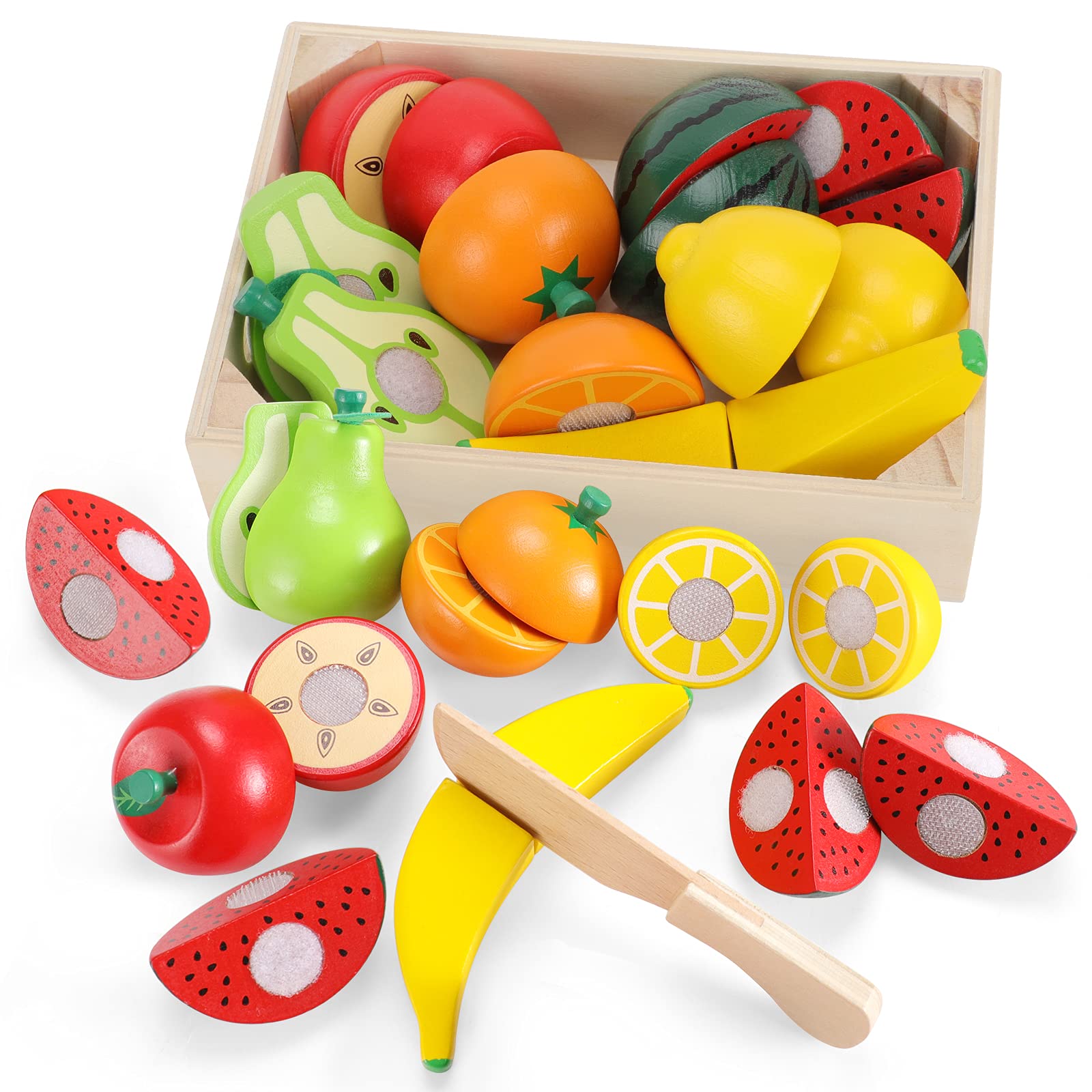 WHOHOLL Wooden Play Food with Wooden Tray & Knife, Pretend Play Cutting Food Toys, Fruits Toy Food Sets for Kids Kitchen, Mini Food Toy, Montessori - WoodArtSupply