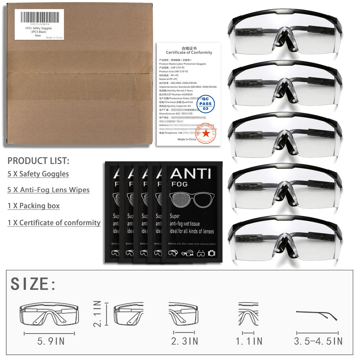 HANCHS Safety Glasses, 5Pack Adjustable Wide-Vision Protective Glasses, Lightweight Fog-Proof Safety Goggles HANCHS
