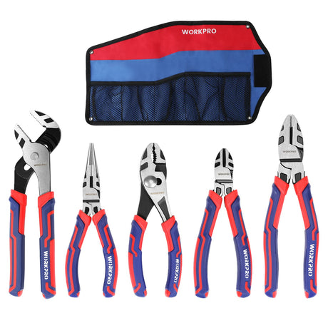 WORKPRO Pliers Set, Premium Cr-V Construction, Includes 6 Inch Slip Joint Pliers, 6 Inch Long Nose, 6 Inch Diagonal Cutting, 8 Inch Groove Joint, 7 WORKPRO