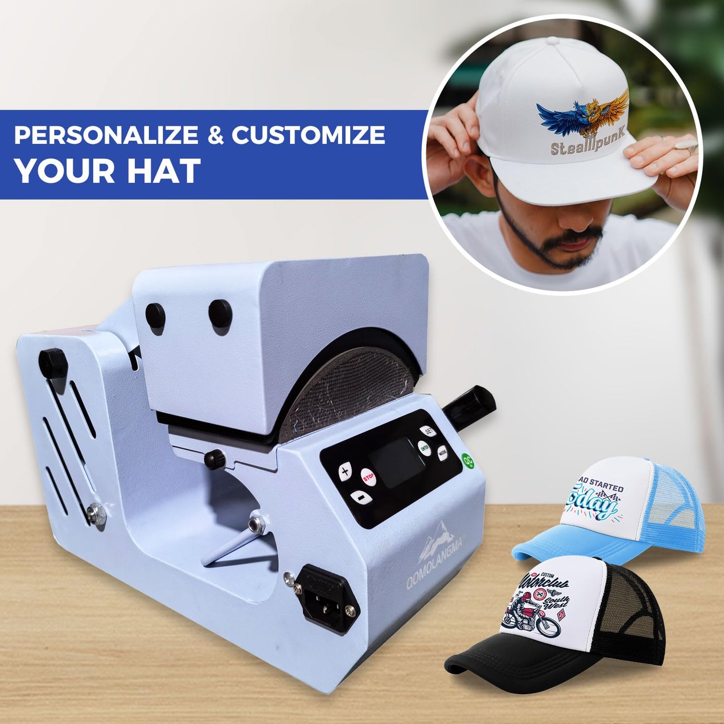 POVOKICI 2 in 1 Automatic Hat Heat Press Machine for Caps with 2pcs Interchangeable Platens, Blue Easy Cap Press Machine for Hats and HTV Iron On and - WoodArtSupply