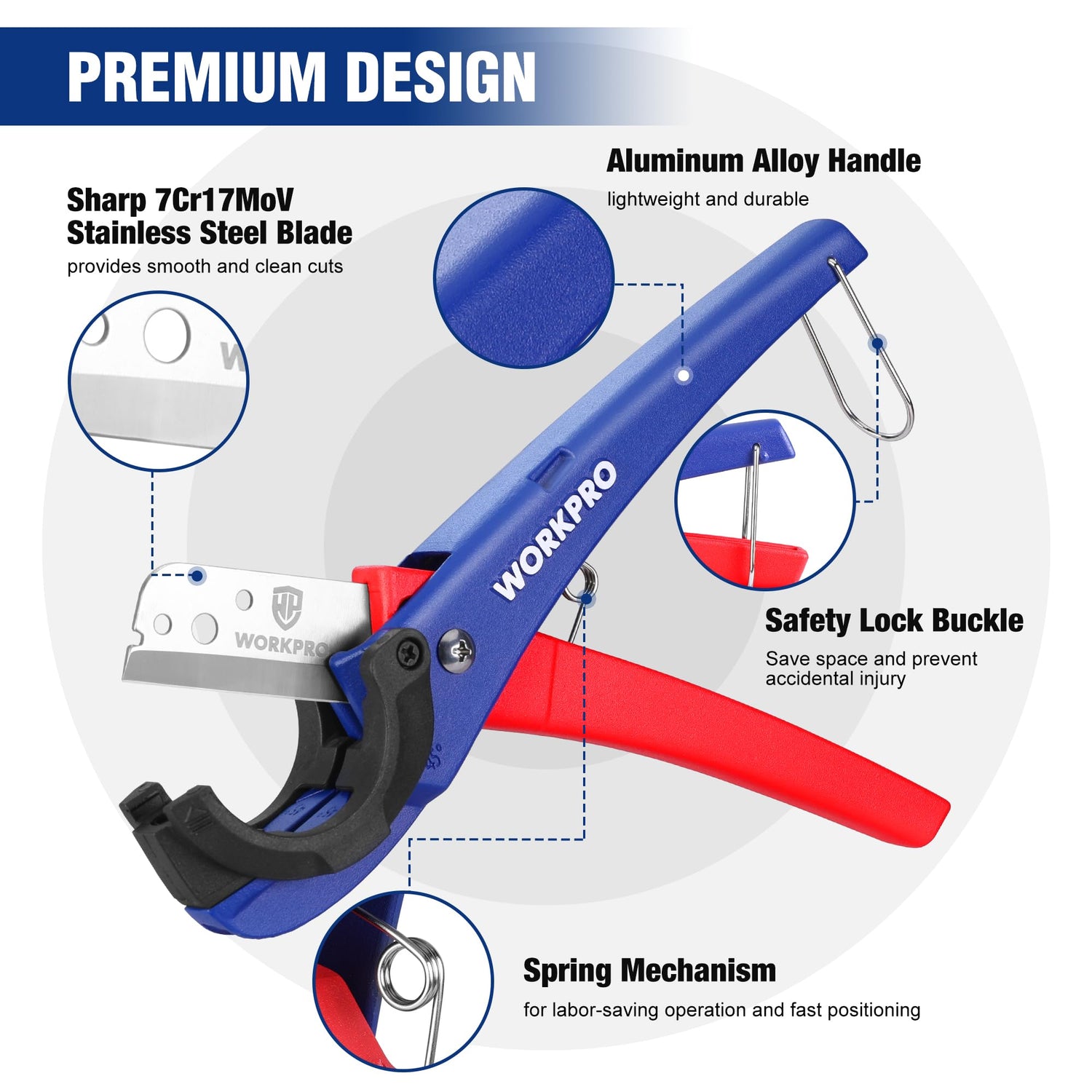 WORKPRO PEX Pipe Cutter with Sharp 7Cr17MoV Blades, Hose Cutter with 1/8"-1-5/8" Cutting Capacity, Tubing Cutter for PPR, PE, PP, and Rubber Hoses, WORKPRO