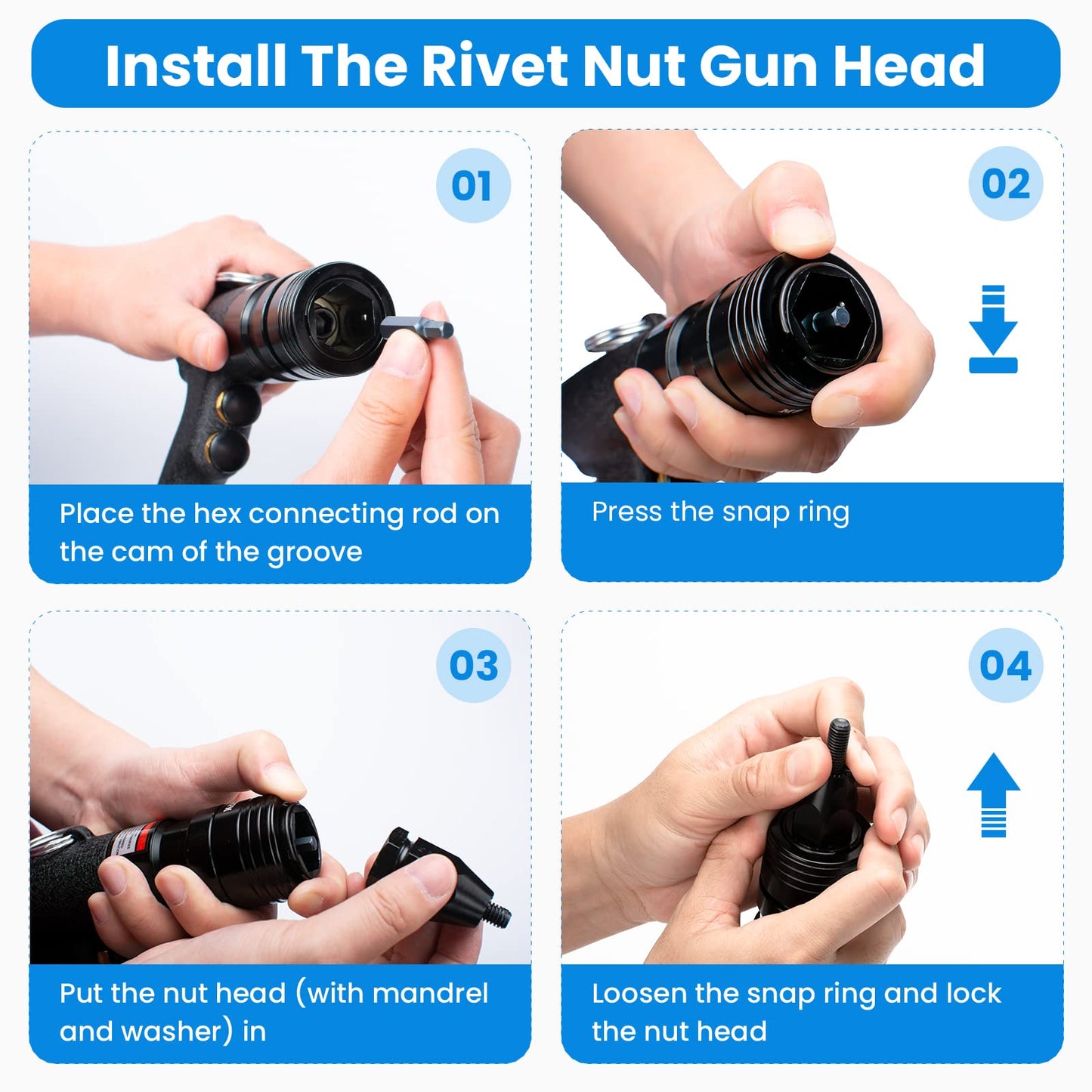 TOJIZEN Pneumatic Rivet Nut Gun Kit - 1/4, 5/16 & 3/8 inch Gun Heads - Air Powered Rivet Nut Tool Set for Rivnut, Nutsert, Threaded Insert, and More - WoodArtSupply