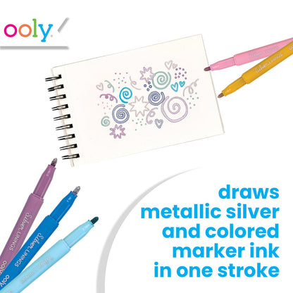 Ooly Silver Markers Colorful Outlines [Set of 6], All Markers are Silver with Unique Outline in Multiple Colors, Glittery Sparkling Markers for Kids,