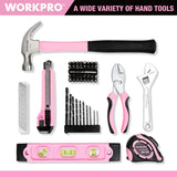 WORKPRO 12V Pink Cordless Drill Driver and Home Tool Kit, Hand Tool Set for DIY, Home Maintenance, 14-inch Storage Bag Included - Pink Ribbon WORKPRO