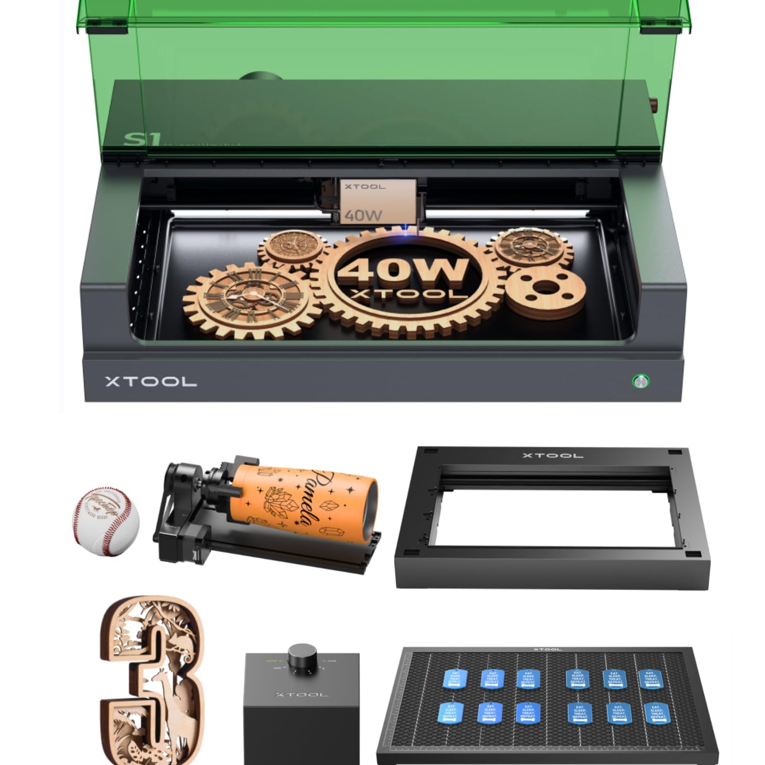 xTool S1 All-in-one Enclosed Laser Cutter and Engraver Machine with Rotary for Tumblers, 40W Laser Power, 419*319mm 600mm/s Batch Process, Laser xTool