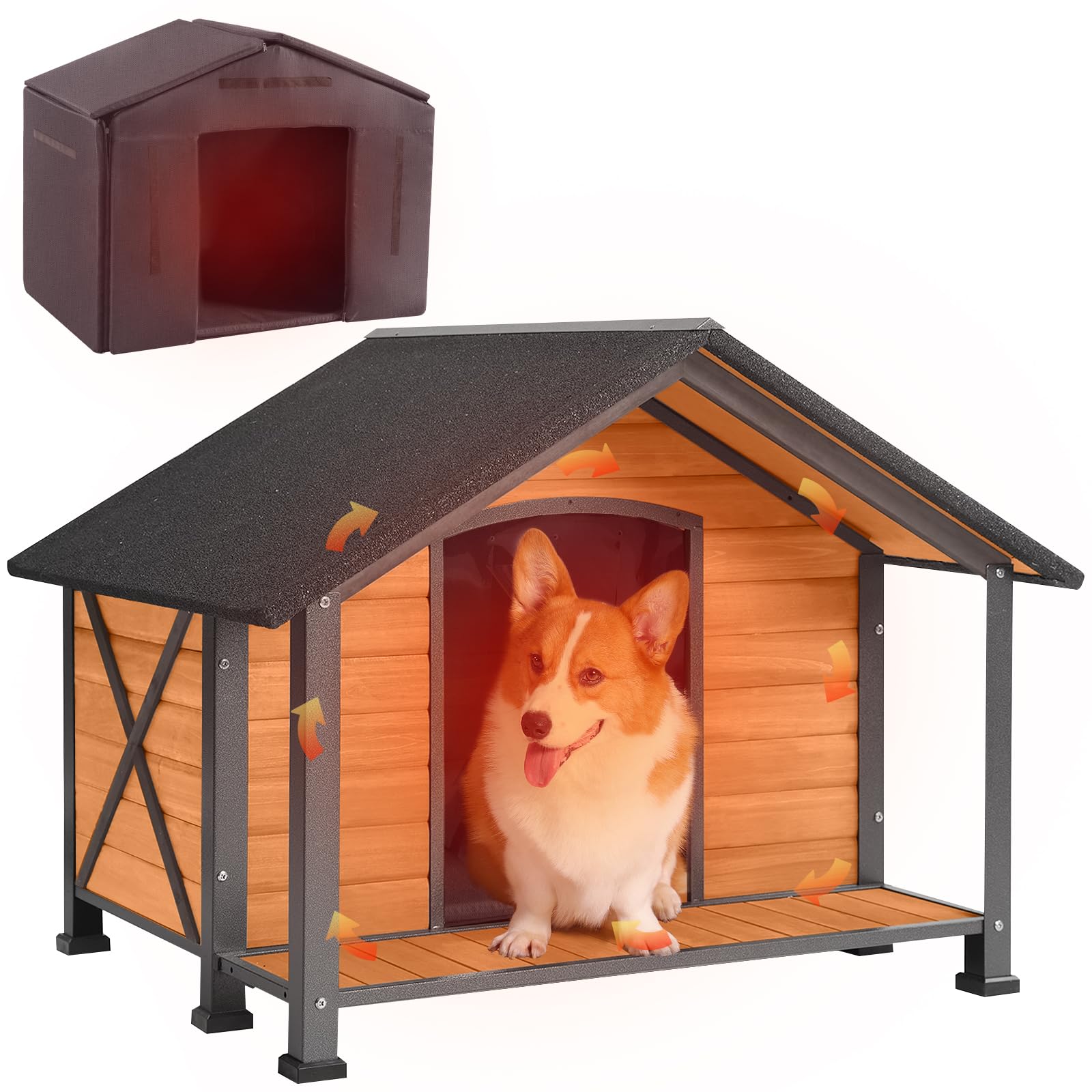 Aivituvin Dog House with Insulated Liner Outdoor All-Around Iron Frame Dog Kennel Outside with Overhang Roof Large Porch Weatherproof - WoodArtSupply