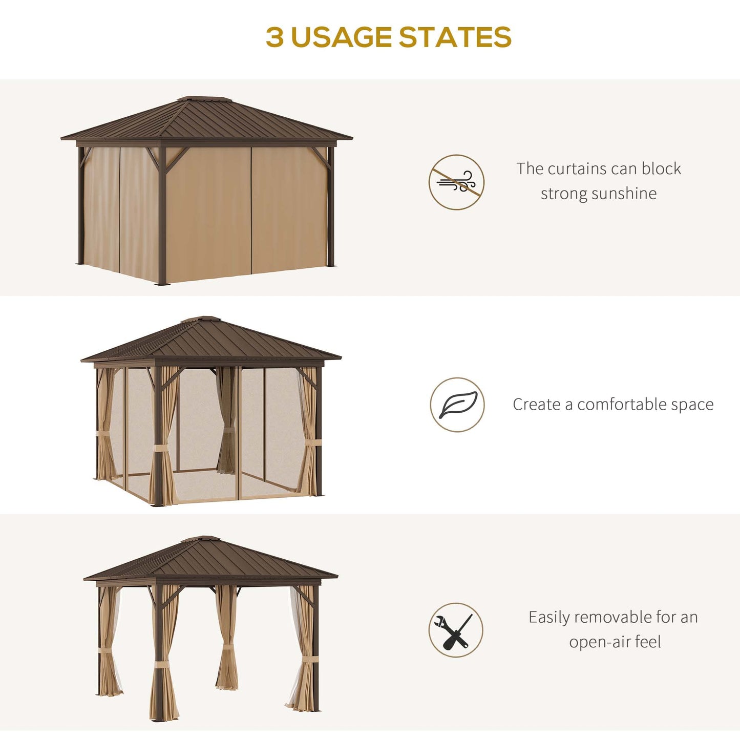 Outsunny 10' x 12' Hardtop Gazebo Canopy with Galvanized Steel Roof, Aluminum Frame, Permanent Pavilion with Top Hook, Netting and Curtains for