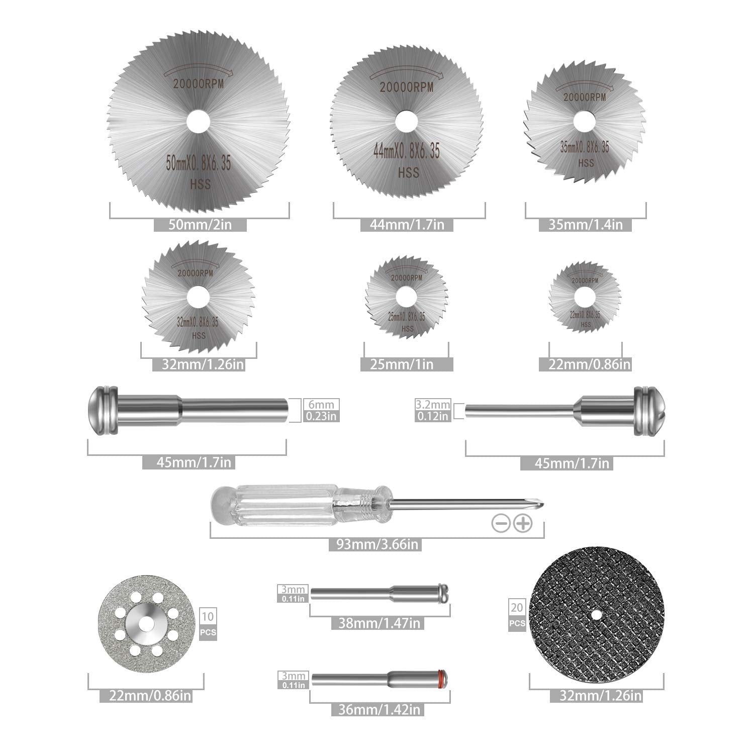 Kuenuilr Cutting Wheel Set Compatible with Plastic 36pcs for Rotary Tool, HSS Circular Saw Blades 6pcs, Resin Cutting Discs 20pcs, 545 Diamond Kuenuilr