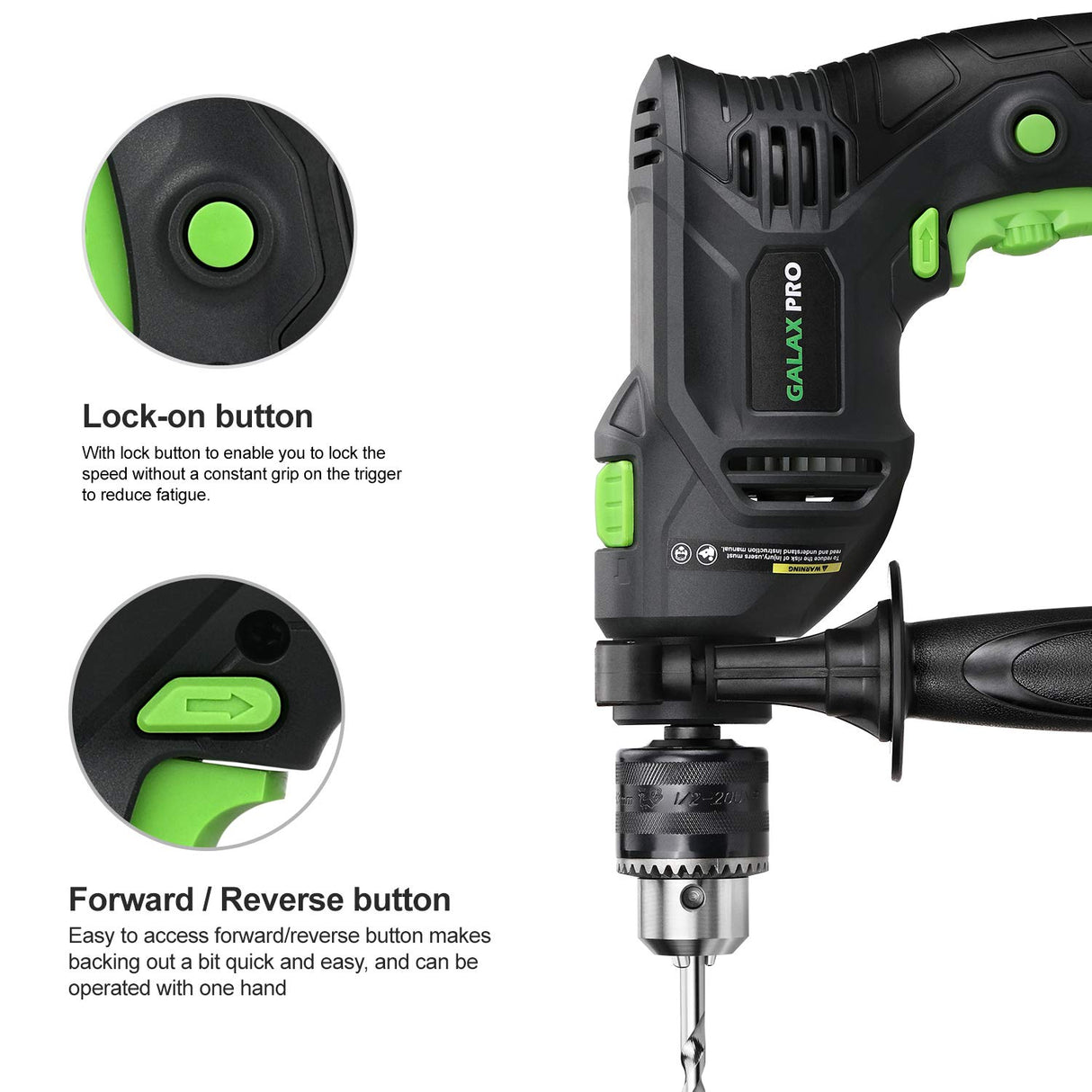 GALAX PRO 5Amp 1/2-inch Hammer Drill with 105pcs Accessories, Variable Speed 0-3000, Hammer and Drill 2 Functions in 1, 360°Rotating Handle, Depth GALAX PRO