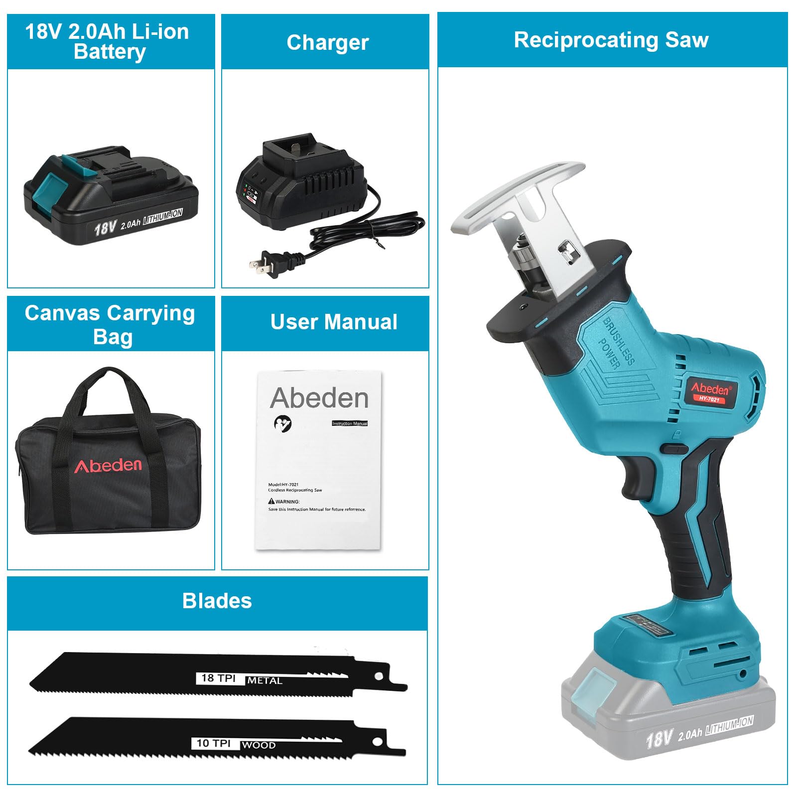 Cordless Reciprocating Saw,Compact Brushless Reciprocating Saws Kit with 2.0Ah Battery and Charger,One-Handed,Tool-free Blade Change,2 Saw Blads for - WoodArtSupply