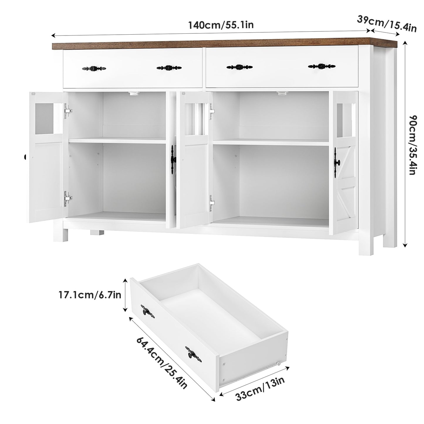 finetones Buffet Cabinet with Storage, 55.1" Large Sideboard Buffet Cabinet, Farmhouse Sideboard Kitchen Cabinet with 2 Drawers and 4 Doors, Wood - WoodArtSupply