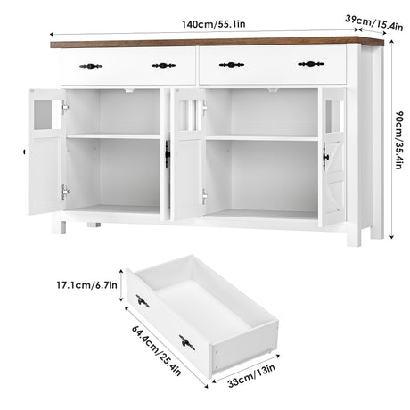 finetones Buffet Cabinet with Storage, 55.1" Large Sideboard Buffet Cabinet, Farmhouse Sideboard Kitchen Cabinet with 2 Drawers and 4 Doors, Wood finetones