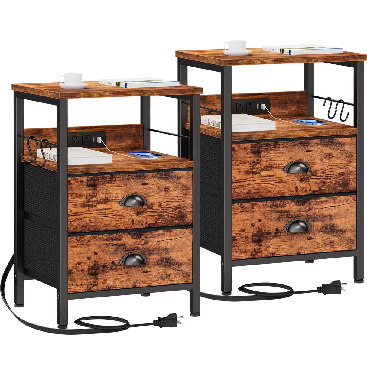 Furologee Nightstand Set of 2, Rustic Brown, with Charging Station and USB Ports, Side Tables with 2 Fabric Drawers, Bedside Tables with Storage Furologee