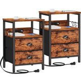 Furologee Nightstand Set of 2, Rustic Brown, with Charging Station and USB Ports, Side Tables with 2 Fabric Drawers, Bedside Tables with Storage Furologee