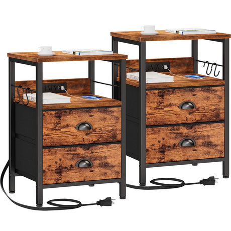 Furologee Nightstand Set of 2, Rustic Brown, with Charging Station and USB Ports, Side Tables with 2 Fabric Drawers, Bedside Tables with Storage Furologee