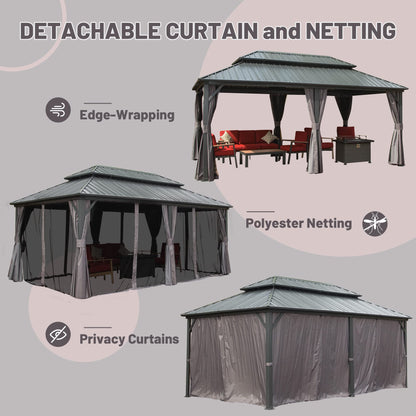 Domi 12’ x 20’ Hardtop Gazebo Canopy Outdoor Aluminum Gazebo, Galvanized Steel Double Roof with Curtains and Netting for Deck, Backyard, Patio,