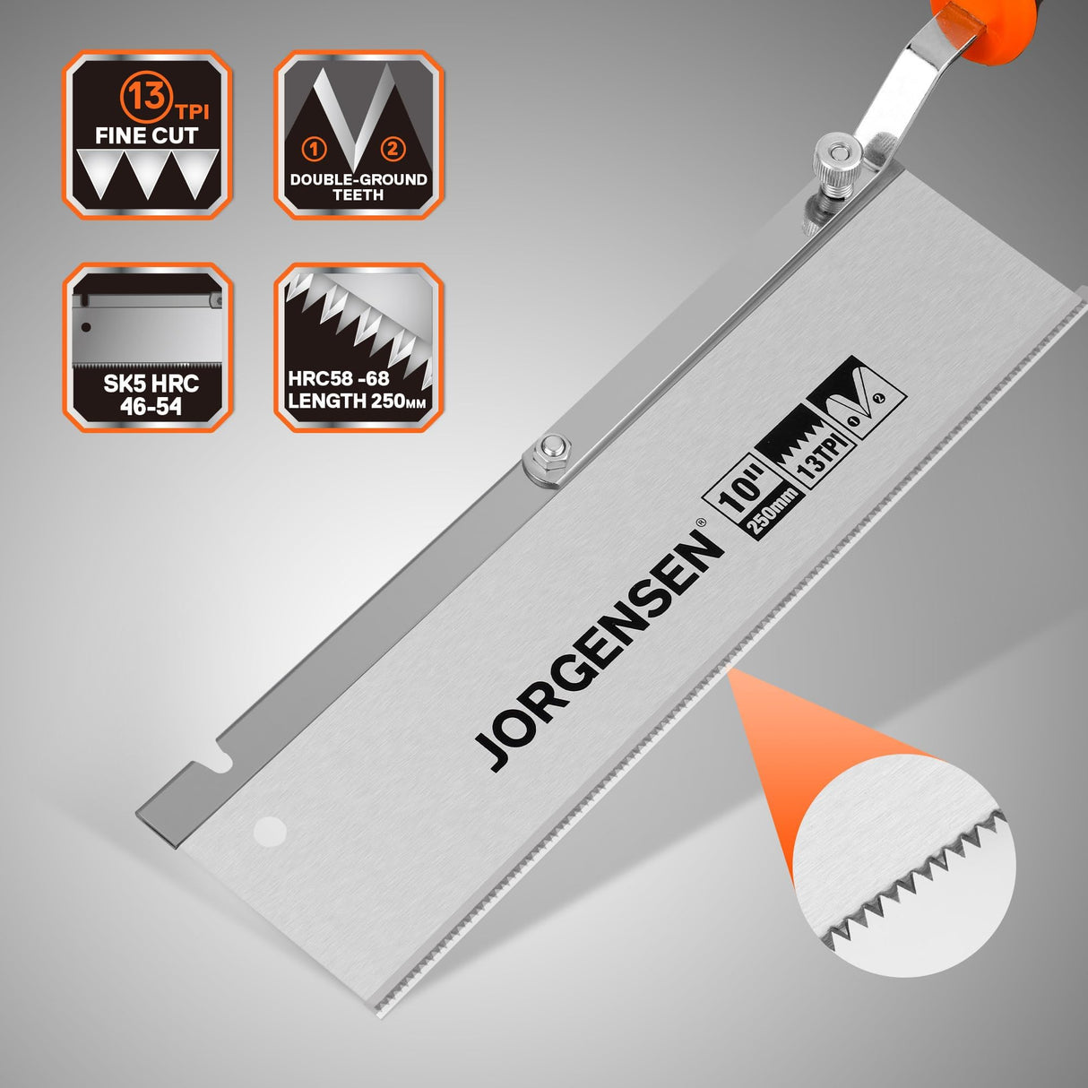 JORGENSEN 10" Dovetail Reversible Saw, Professional Cutting Jamb Saw, 13TPI Double Ground Teeth Flush Cut Saw Spring Loaded Design Cranked Soft Jorgensen