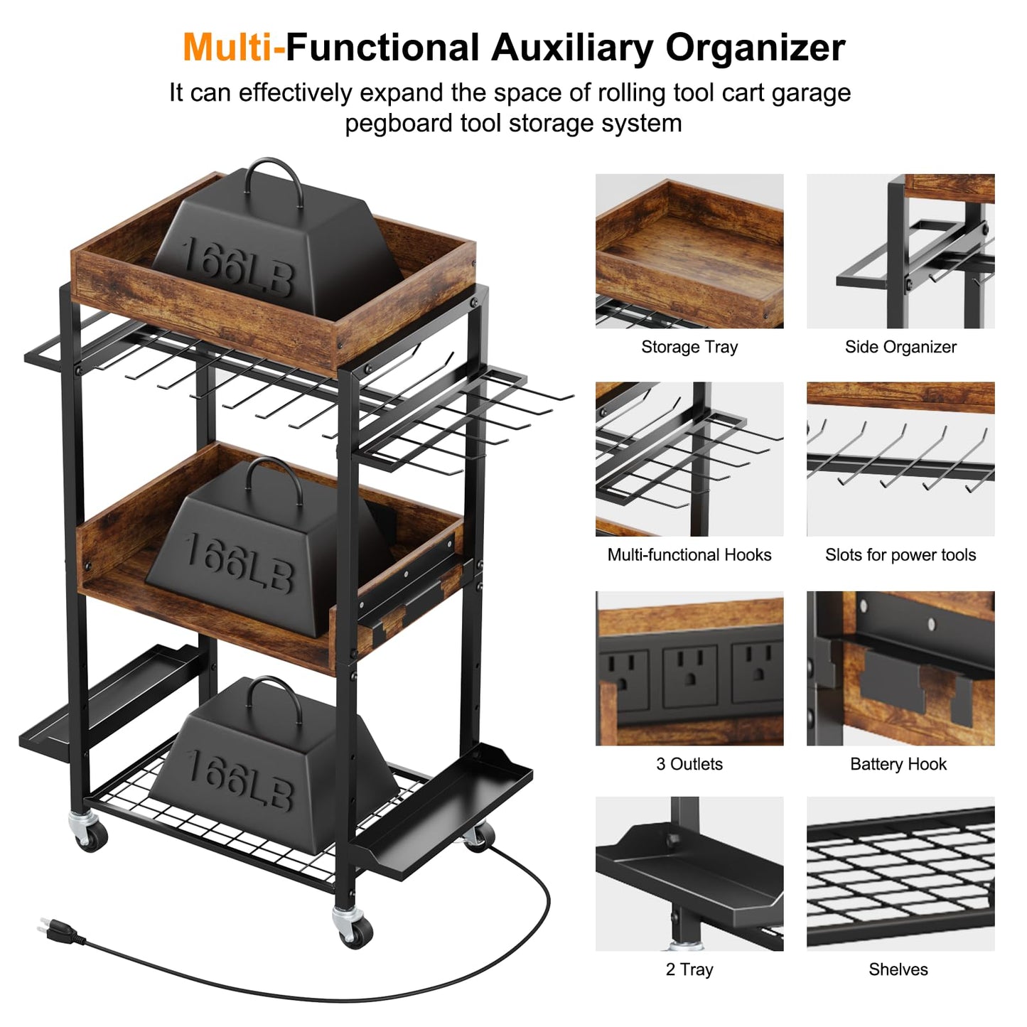 KAKSEY Tool Cart Organizer, Rolling Power Tool Storage with Charging Station Garage Tool Box Organizers on Wheels Heavy Duty Mechanic Utility Cart - WoodArtSupply