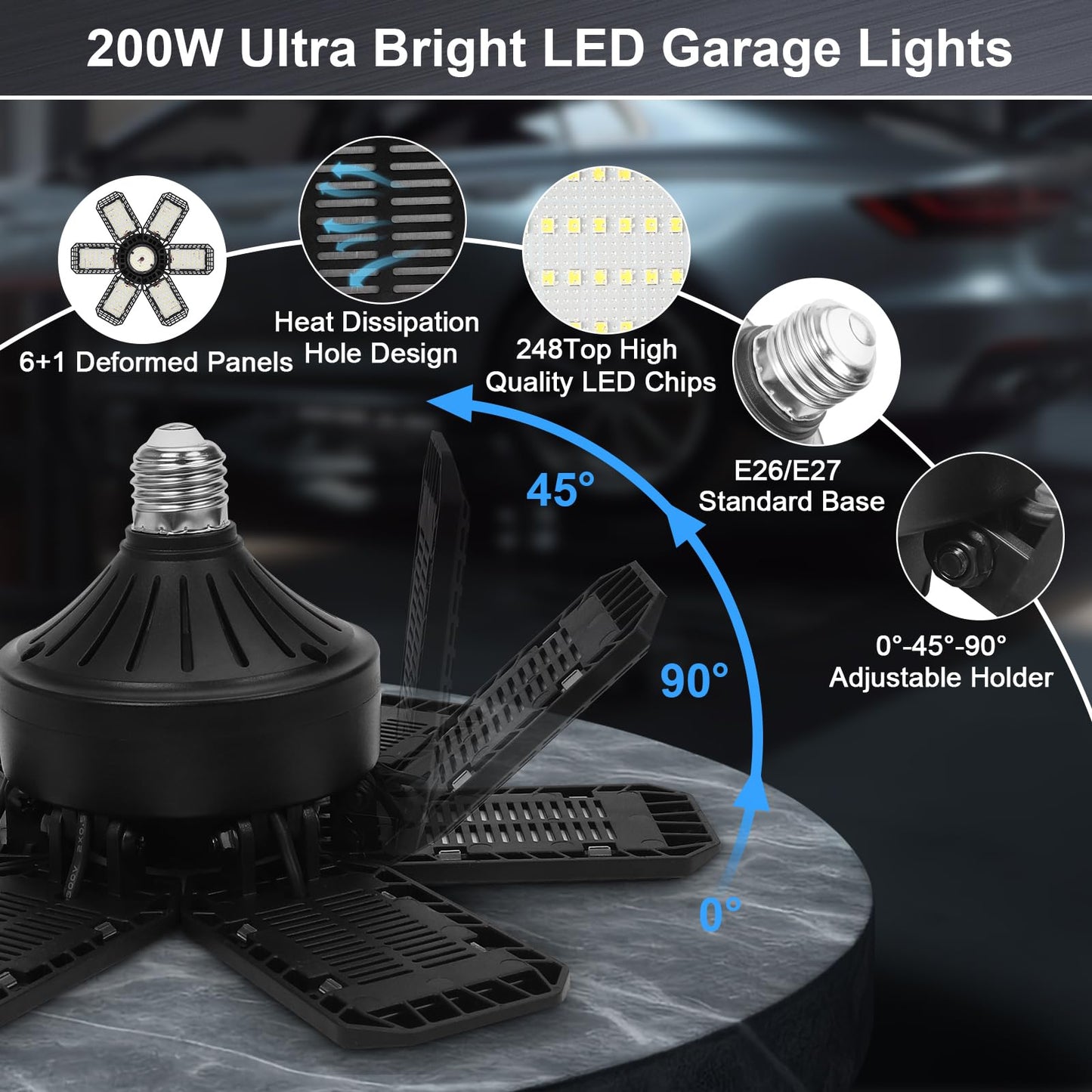 2 Pack LED Garage Light, 200W LED Shop Light, E26/E27 Garage Lights Super Bright Deformable LED Garage Ceiling Light with 6+1 Adjustable Panels - WoodArtSupply