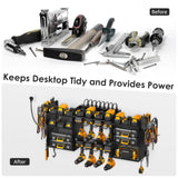 CCCEI Black Tools Organizer Wall Mount Charging Station, Power Tool Battery Storage Rack Built-in Power Strip. 8 Drill Holder, All Metal, Garage CCCEI
