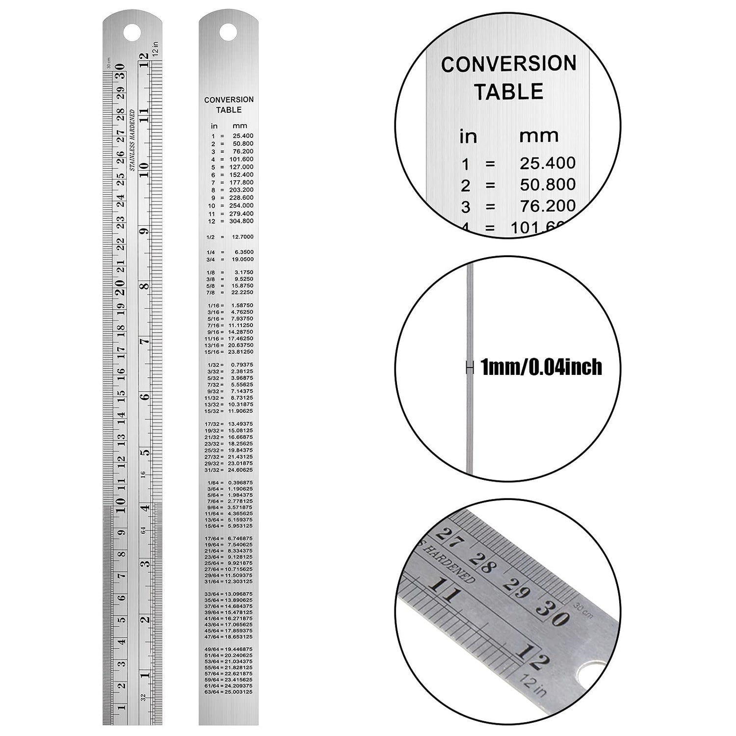 Pocket Ruler 6 Inch and 12 Inch Metal Rulers with Inch and Metric Graduation Stainless Steel Precision Ruler Measuring Tool for Engineering, School, TOODOO
