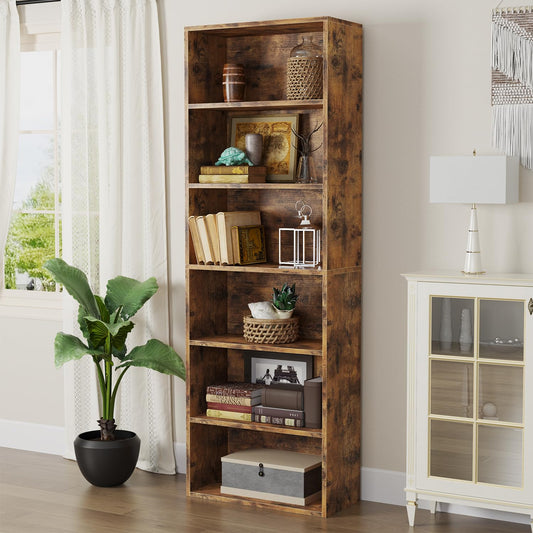 6-Tier Brown Wooden Bookshelf with Cabinet Doors - Multi-Functional Storage for Home Office and Living Spaces - WoodArtSupply