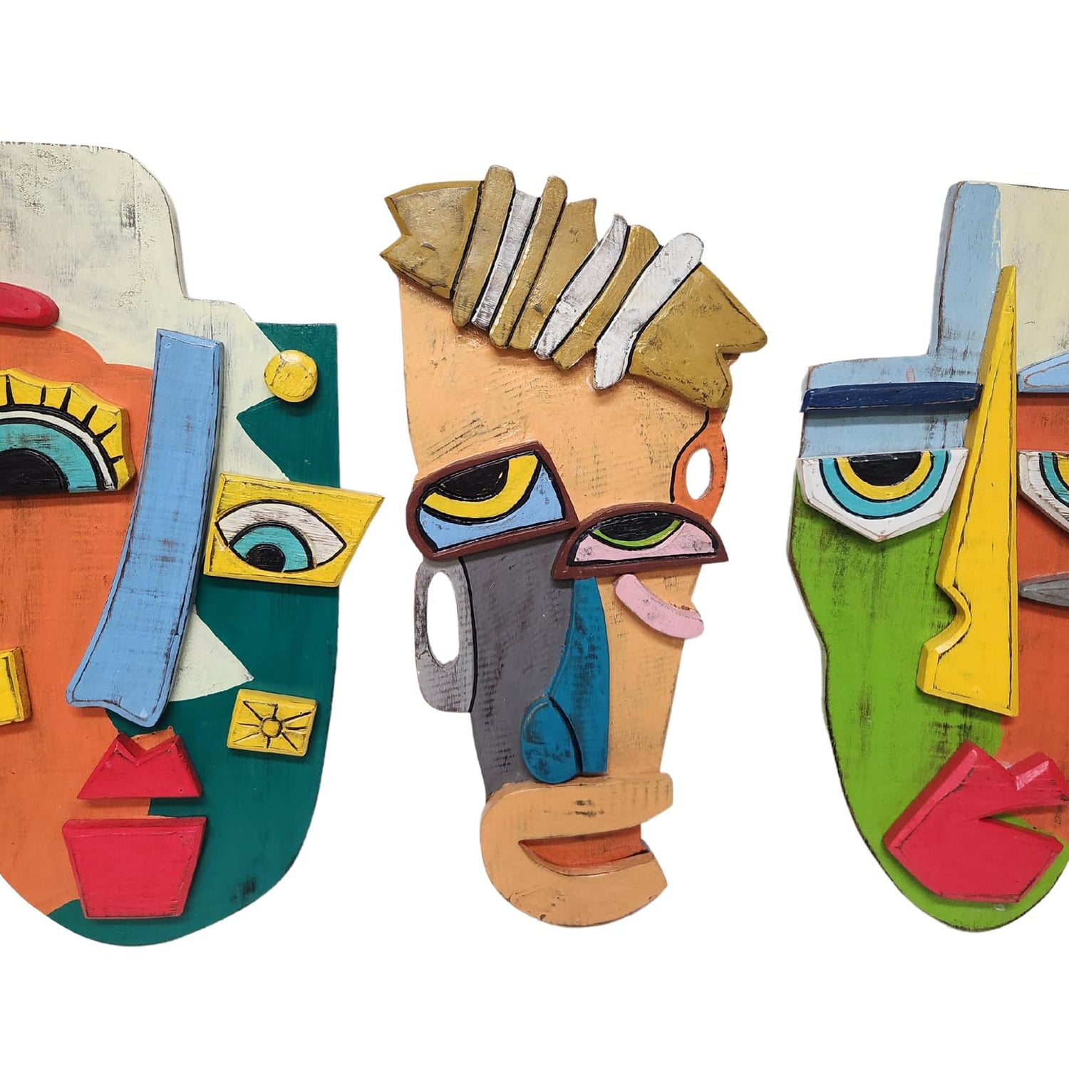 WorldBazzar 3 Pc Abstract MASK African Hand Carved Wooden Tribal Tiki MASK Wall Decor FACE Cubist Picasso WorldBazzar