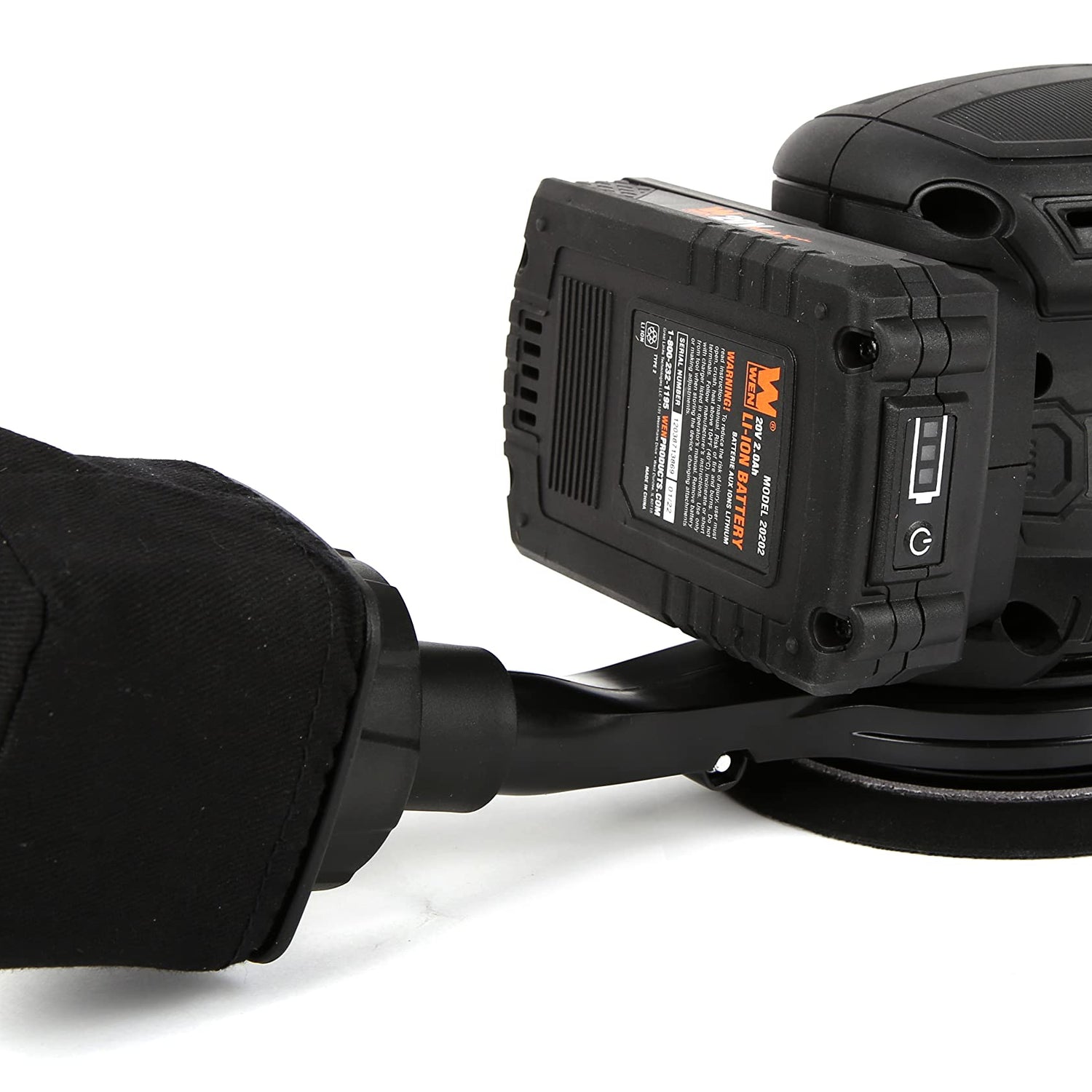 WEN Cordless Orbital Sander, Brushless with 5-Inch Random Orbit Pad, 20V Max 2.0 Ah Lithium-Ion Battery and Charger (20405),Black WEN