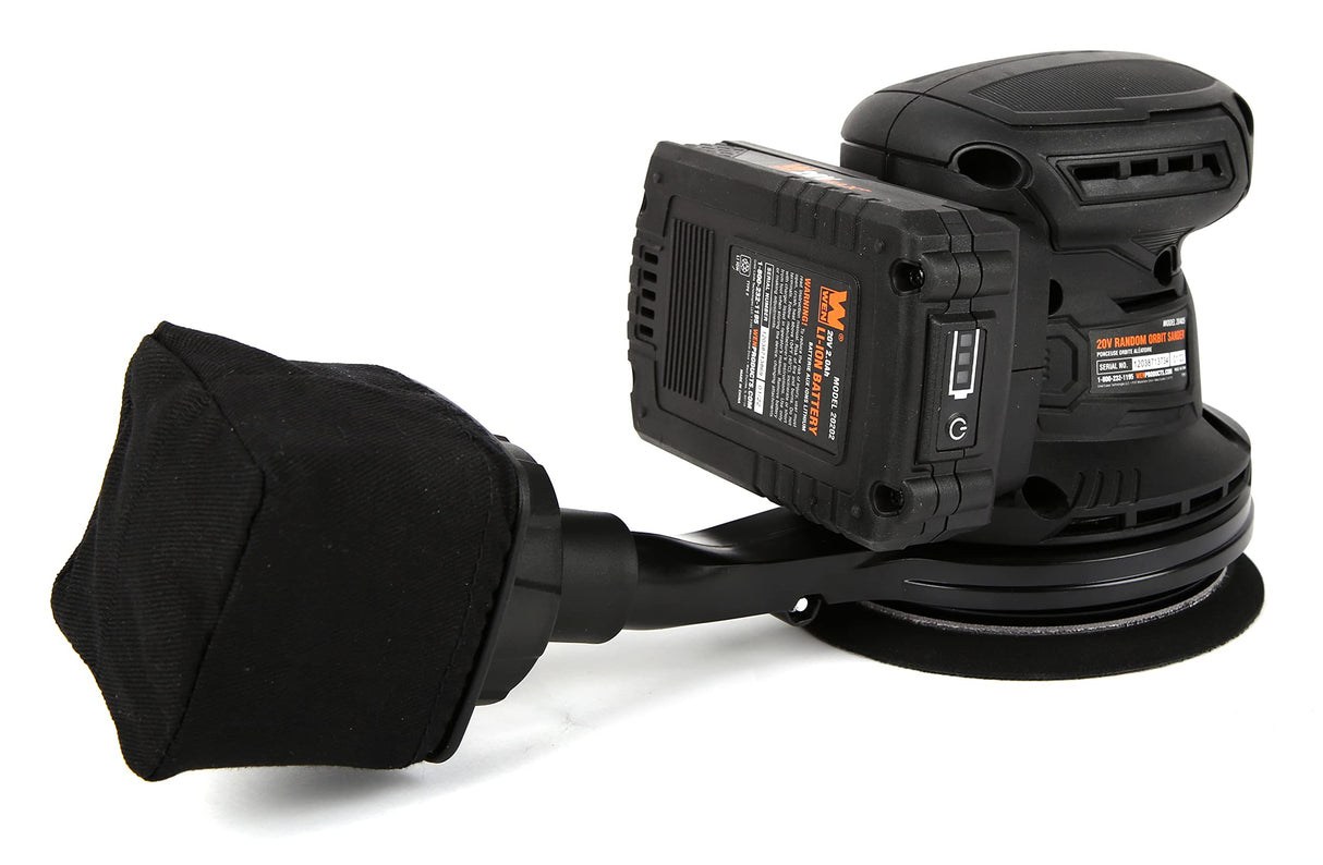 WEN Cordless Orbital Sander, Brushless with 5-Inch Random Orbit Pad, 20V Max 2.0 Ah Lithium-Ion Battery and Charger (20405),Black WEN