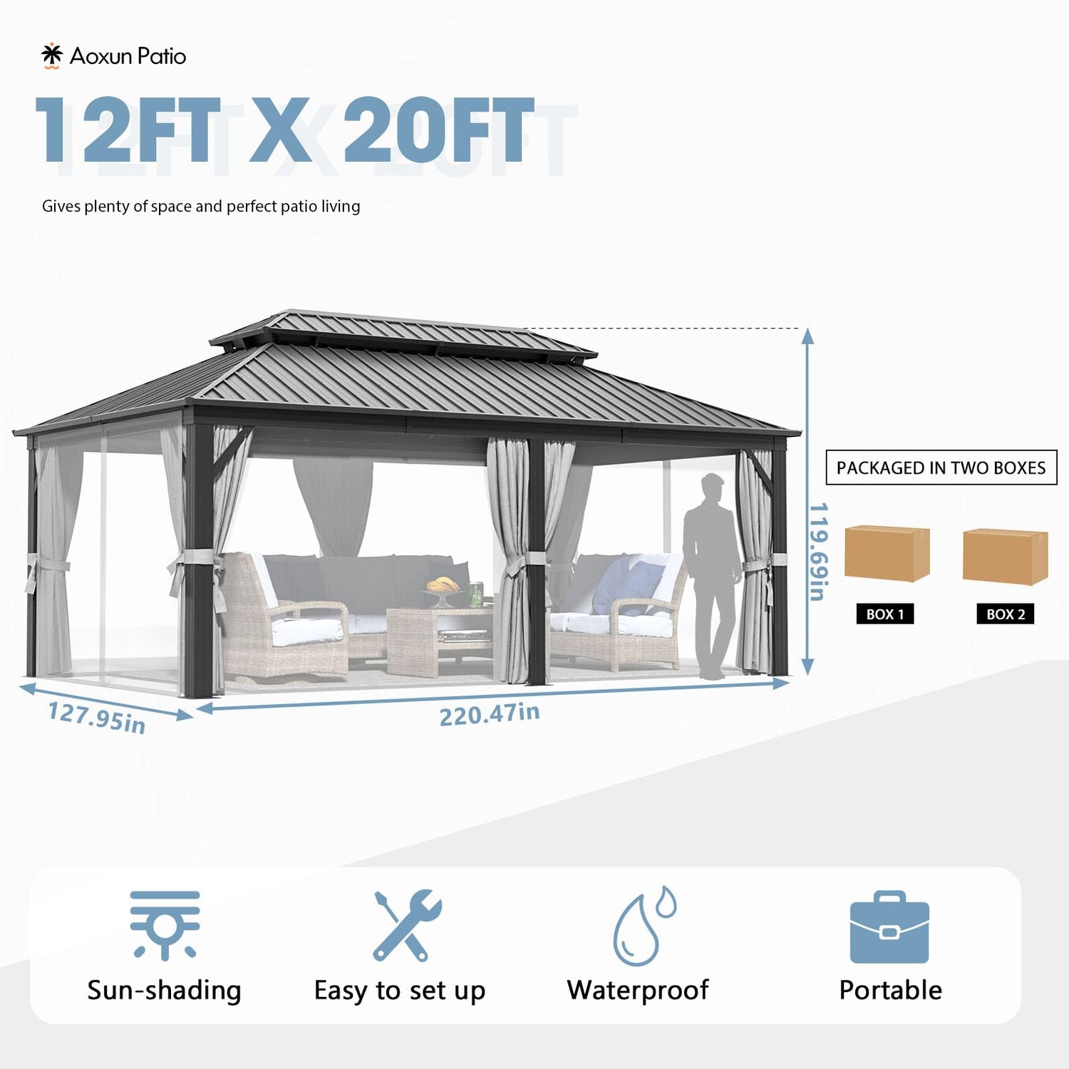Aoxun 12' X 20' Hardtop Gazebo, Galvanized Steel Double Top, Aluminum Metal Gazebo with Curtains and Netting, Permanent Gazebo Pavilion for Wedding, Aoxun