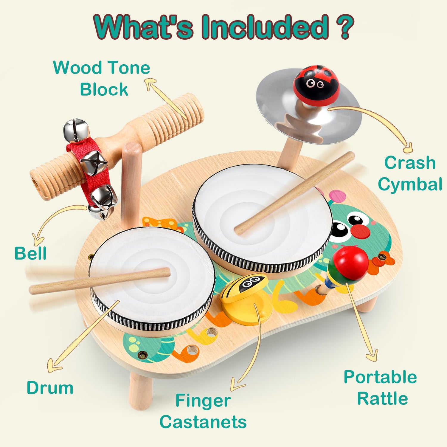 GraceDuck Kids Drum Set for Toddlers: Montessori Musical Instruments Set Toddler Toys - 7 in 1 Wooden Musical Kit Baby Sensory Educational Toys GraceDuck