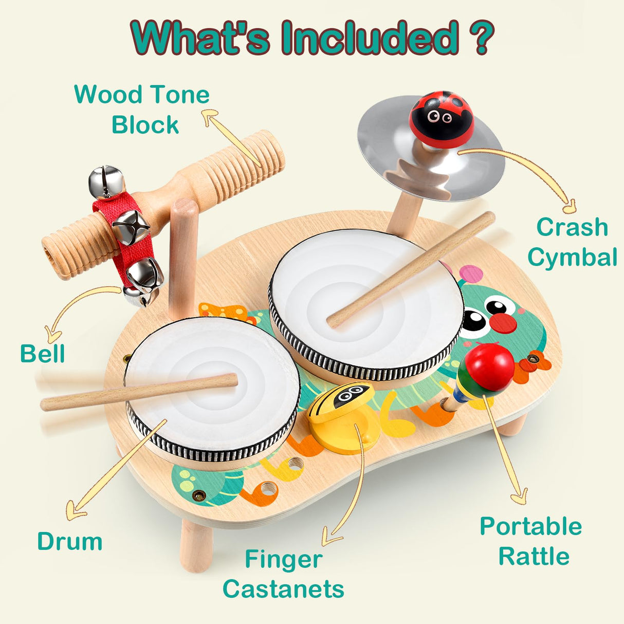 GraceDuck Kids Drum Set for Toddlers: Montessori Musical Instruments Set Toddler Toys - 7 in 1 Wooden Musical Kit Baby Sensory Educational Toys GraceDuck