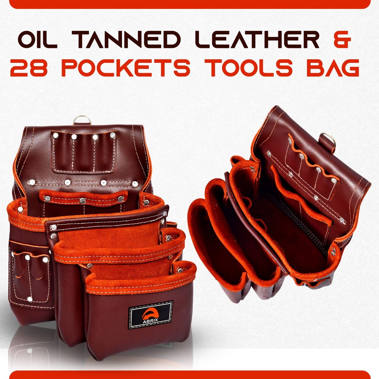 ABRIX Premium Oil Tanned Leather Tool Belt,PRO-280 Tool Pouch,Heavy Duty Leather Tool Belt, Tool Bag 28 Pockets,Tool Belt/Pouch For Framer (Maroon Abrix