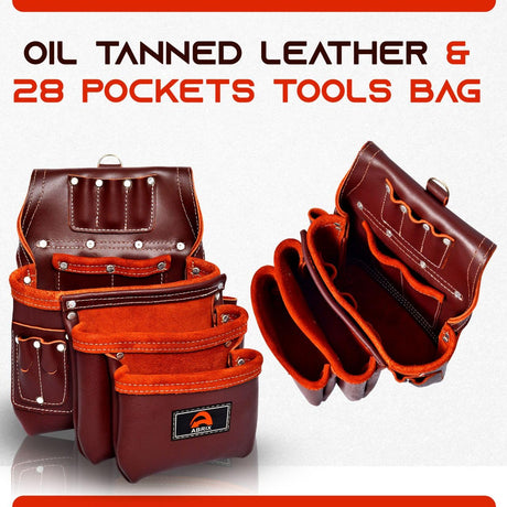 ABRIX Premium Oil Tanned Leather Tool Belt,PRO-280 Tool Pouch,Heavy Duty Leather Tool Belt, Tool Bag 28 Pockets,Tool Belt/Pouch For Framer (Maroon Abrix