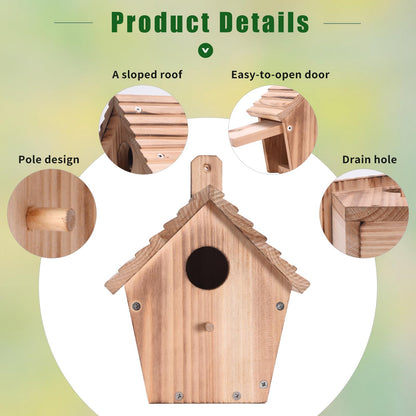 Wooden Bluebird House for Outside,Hanging Birdhouses with Pole,Outdoor Wild Bird Box House,Finch Cardinals Wren Robins Nesting Box Birdhouse for - WoodArtSupply