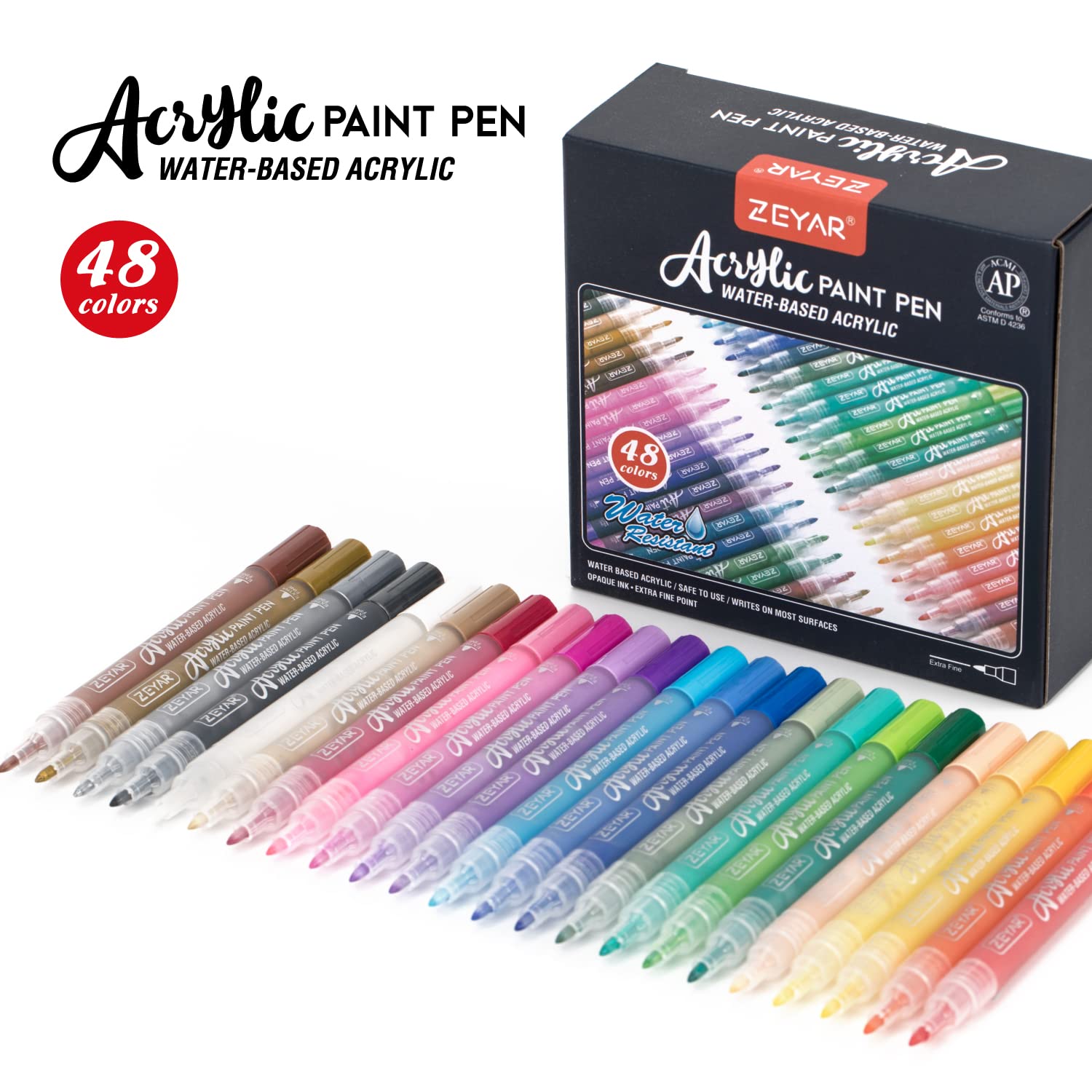 ZEYAR Acrylic Paint Pens, Expert of Rock Painting, Extra Fine, 48 Colors, AP Certified, Permanent&Waterproof Ink, Works on Rock, Wood, Glass, Metal, ZEYAR