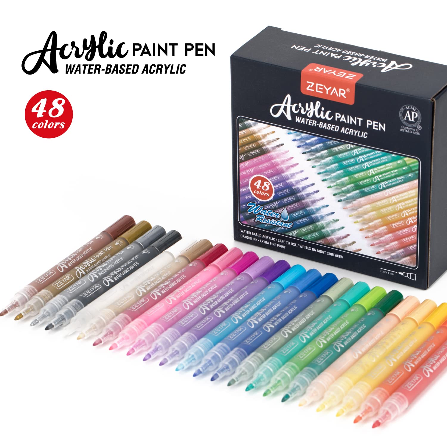 ZEYAR Acrylic Paint Pens, Expert of Rock Painting, Extra Fine, 48 Colors, AP Certified, Permanent&Waterproof Ink, Works on Rock, Wood, Glass, Metal, - WoodArtSupply