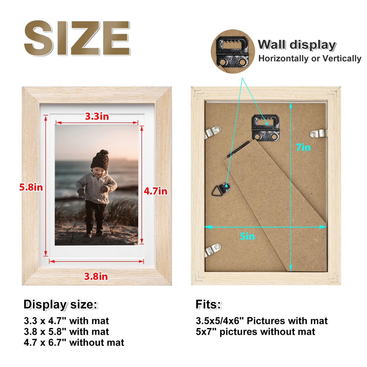 KINLINK 5x7 Picture Frame Natural Wood Frame with Acrylic Plexiglass for Pictures 4x6 with Mat or 5x7 without Mat, Tabletop and Wall Mounting Display KINLINK