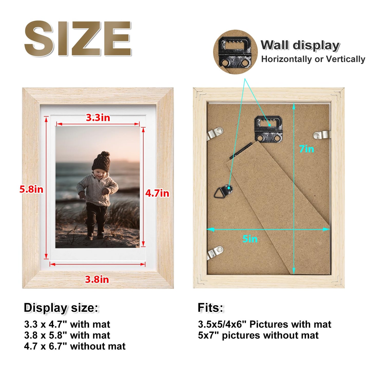 KINLINK 5x7 Picture Frame Natural Wood Frame with Acrylic Plexiglass for Pictures 4x6 with Mat or 5x7 without Mat, Tabletop and Wall Mounting Display - WoodArtSupply