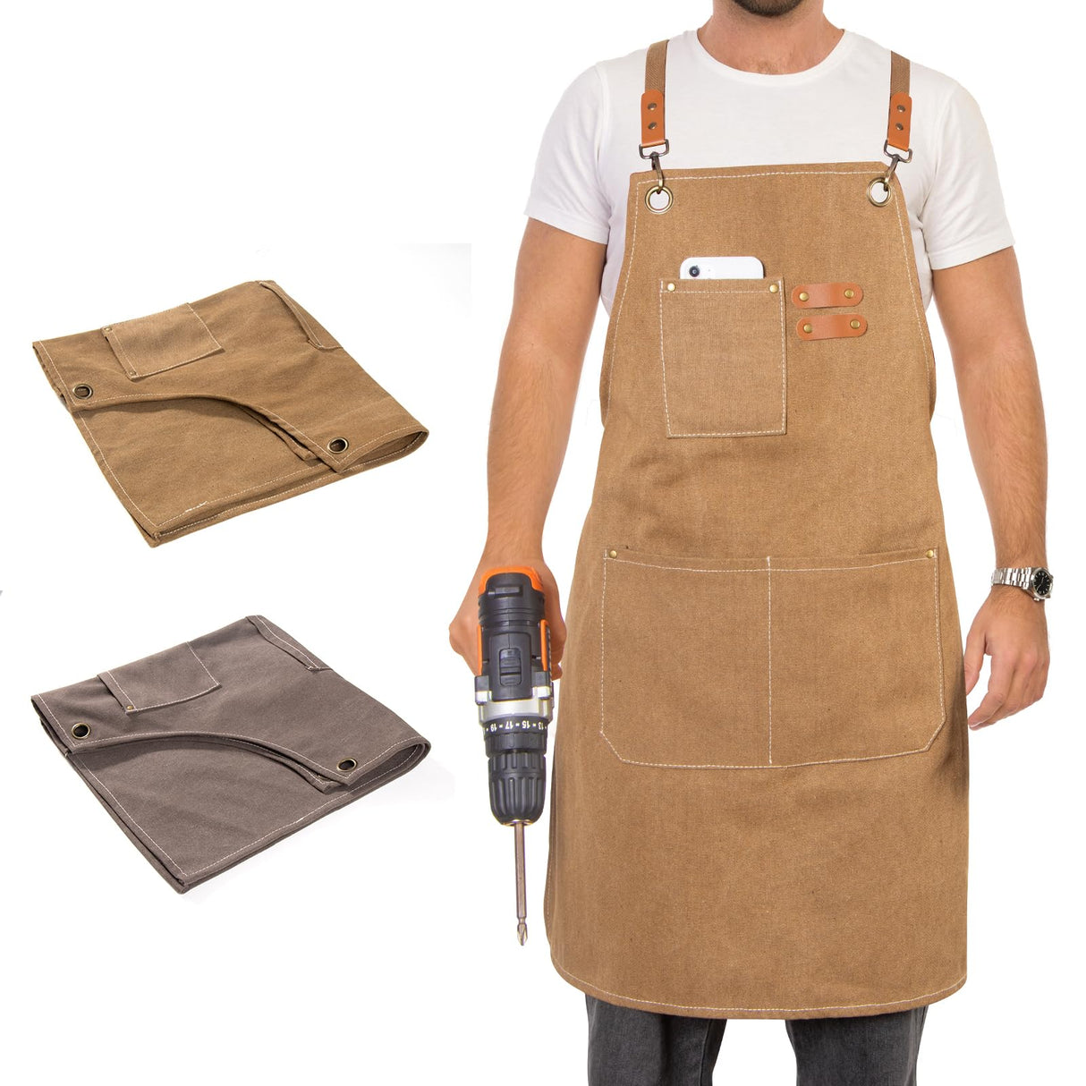 INMTIE woodworking apron. Heavy wax canvas work apron (Khaki) INMTIE