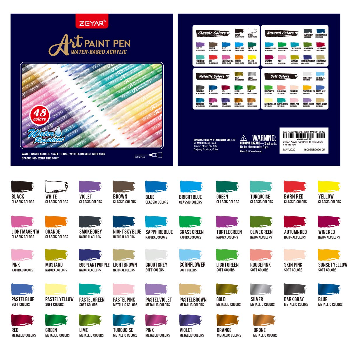 ZEYAR Acrylic Paint Pens, Expert of Rock Painting, Extra Fine, 48 Colors, AP Certified, Permanent&Waterproof Ink, Works on Rock, Wood, Glass, Metal, ZEYAR
