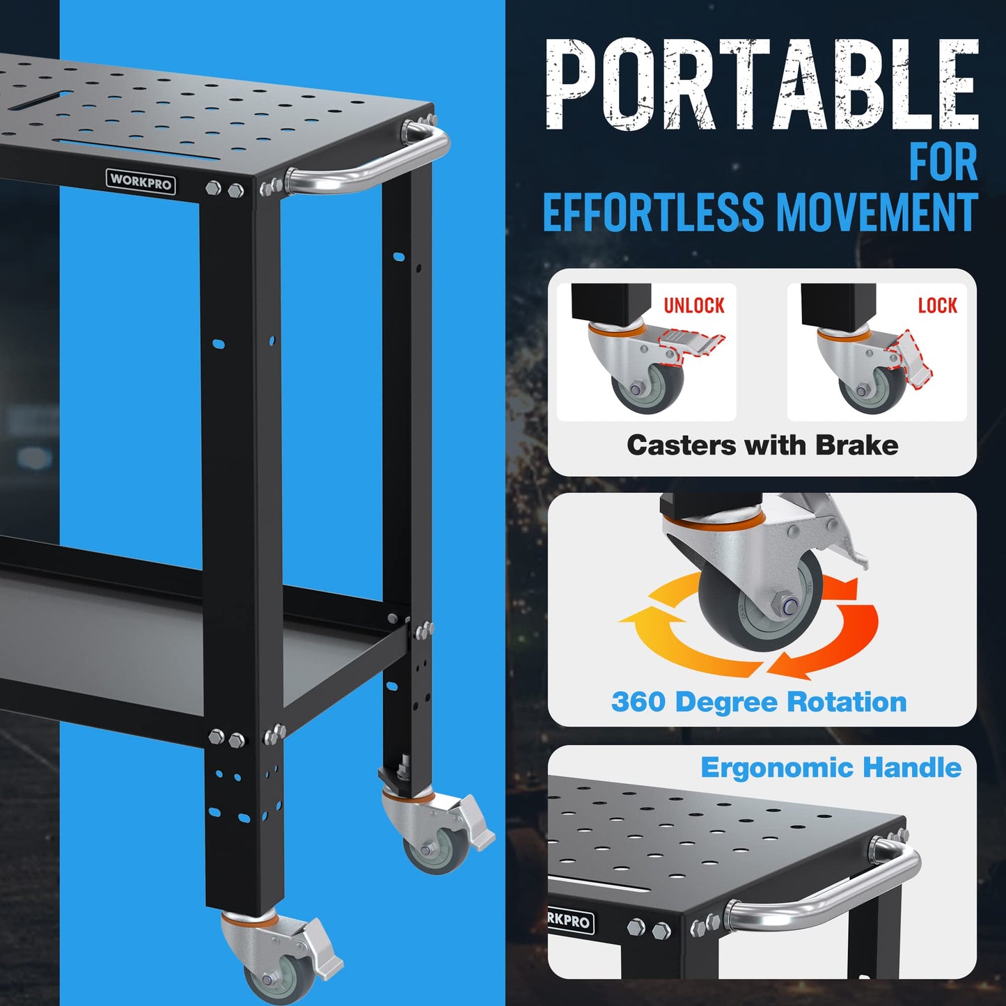 WORKPRO 36”×18” Welding Table, 1200 lbs Load Capacity, Nitriding Tabletop, Portable Welding Table with 5/8" Holes on Top, Welding Cart, Casters with - WoodArtSupply